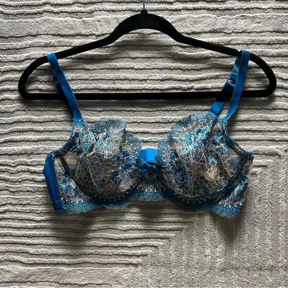 🔖Dita Von Teese Lingerie Evelina Underwire Bra Blue Lace Bow Embroidery Mesh - Picture 9 of 9